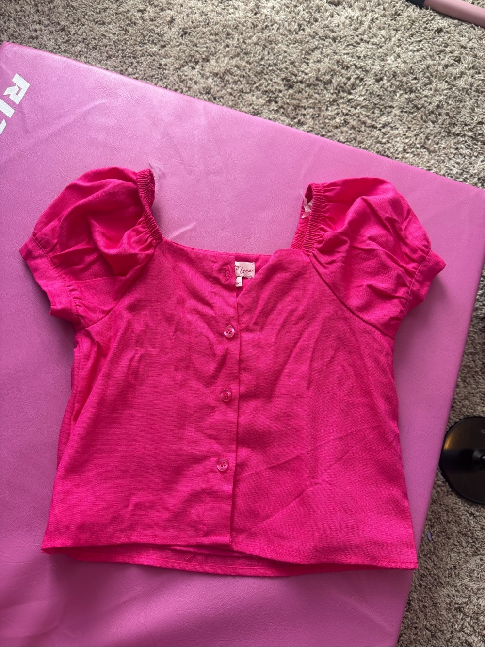 Girls' Bright Pink Puff-Sleeve Button-Front Top